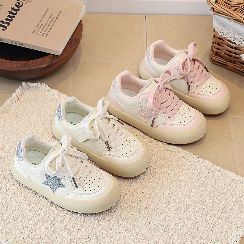 Kids'Casual Shoes Color Blocking Star PU Leather Autumn Shoes For Children Anti-slip Designer Breathable Pink White Size 23-36