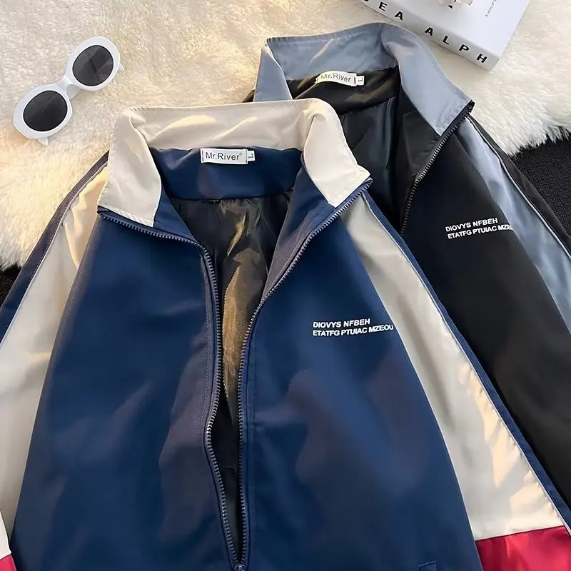 Męskie kurtki na zamek błyskawiczny, patchworkowa wiatrówka, luźne płaszcze uniwersyteckie, odzież wierzchnia Hip Hop, moda dla par, wiosna, jesień