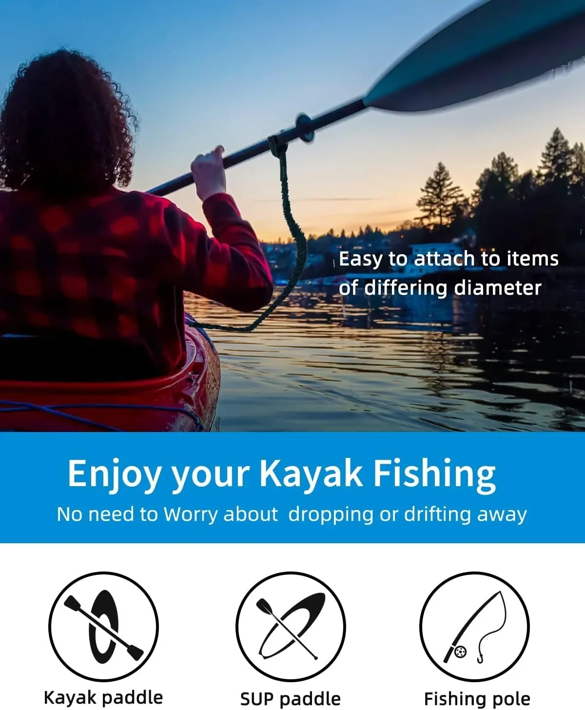 Kayak Paddle Leash Stretchable Strap Lanyard Rope for SUP Kayaking Boating Canoeing Fishing Pole Rod 5-7 Feet