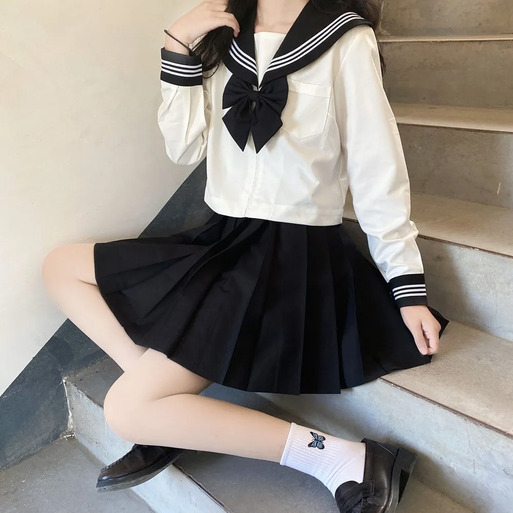 

Jk Uniform Skirt Pleated Skirt Genuine Suit Long Skirt Black Collar White Three Basic Full Set Sailor Suit Spring and Summer