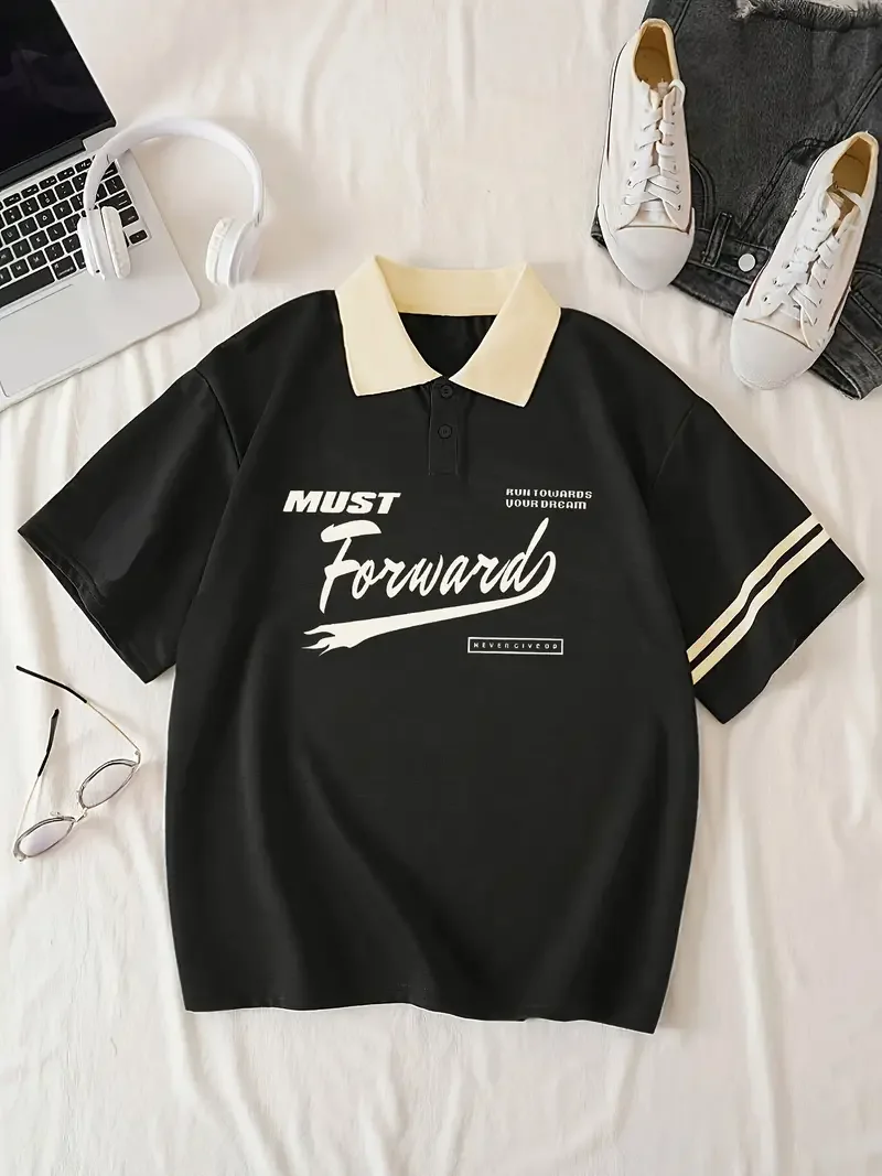 Los Angeles 91 Graphic Casual Golf Polo Shirt, Fashionable Versatile Short Sleeve With Collar And Sleeve Stripes, Streetwear Top