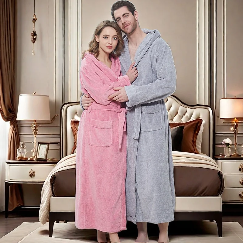 Winter Terry Bathrobe Women Mens Hooded Thick Towel Robe Big Towel Bathrobe Male Terry Cloth Bath Robe Sleeping Dressing Gown