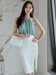 Fashion Sexy Club 2 Piece Outfit Elegant Women Chic Sexy Strap Loose Tops Shirt Blouse High Waist Slit Midi Skirt Mujer Slim Set