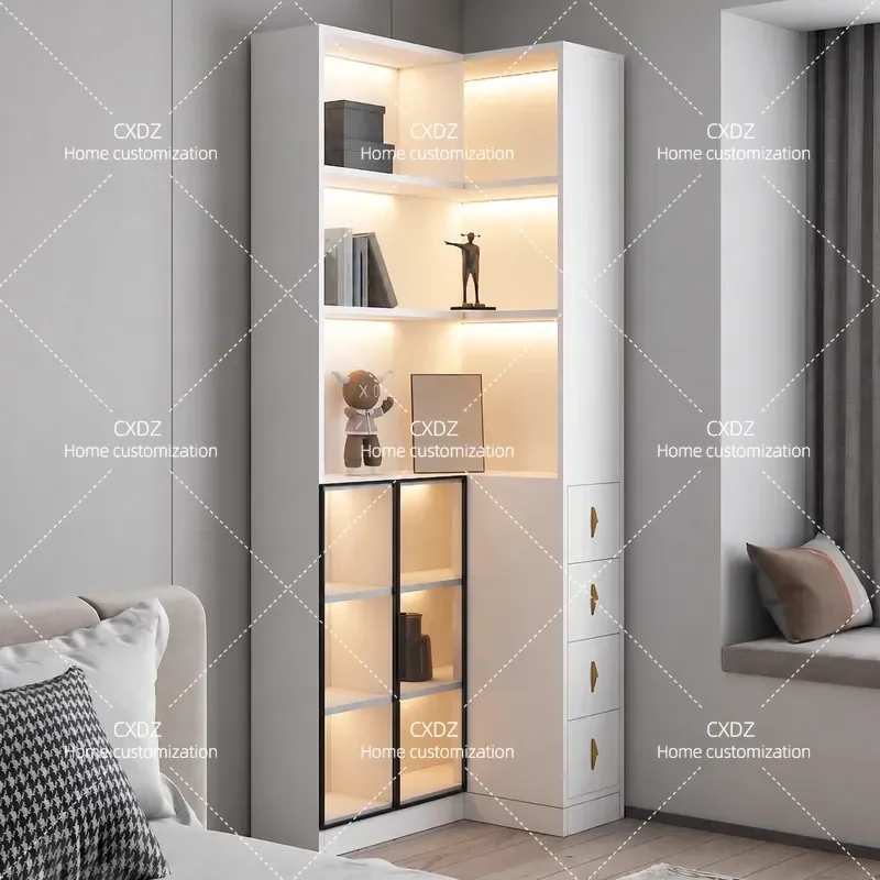 Light Luxury Corner Cabinet with Glass Door Living Room Sofa Side Table Bedroom Bedside Storage Chest Pull Out Display Unit