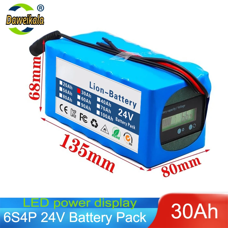 High power battery 24V 6s4p 30ah, high power battery 500W, BMS 25.2V 30000mAh power battery, bicycle with capacity indicator