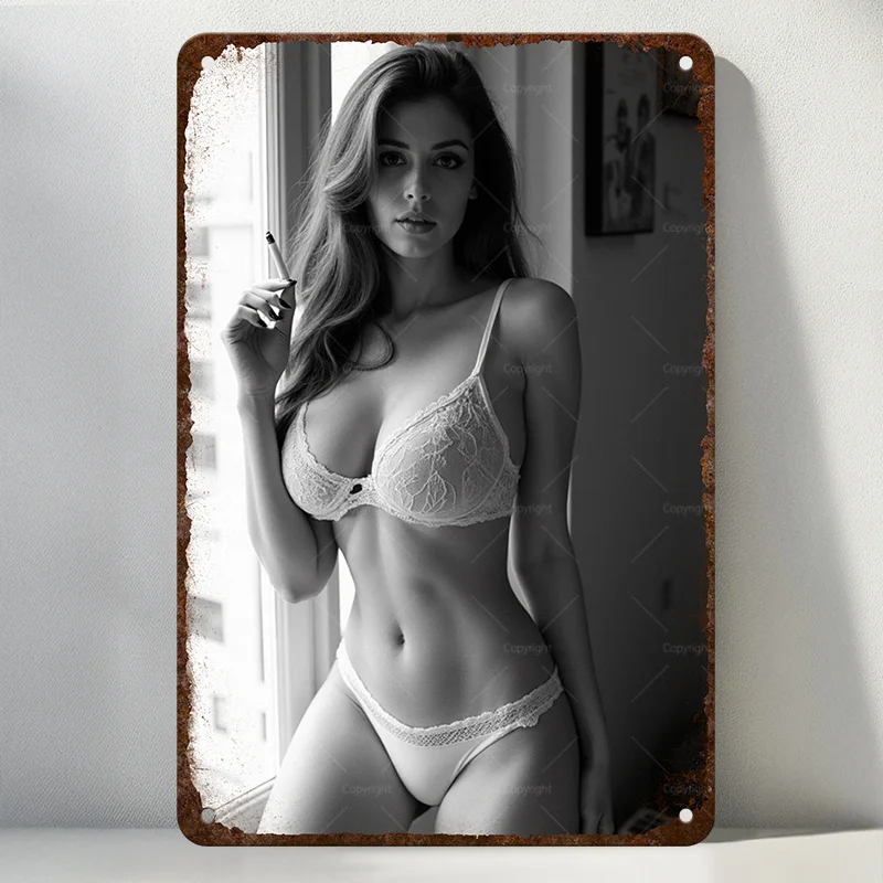2D Flaches Vintage Blechschild, 8x12 Zoll, Bikini-Model Wandkunst, Vorgebohrt, Wasserfeste Rustikale Dekoration für Zuhause, Fitnessraum, Garage, Bar, Badezimmer