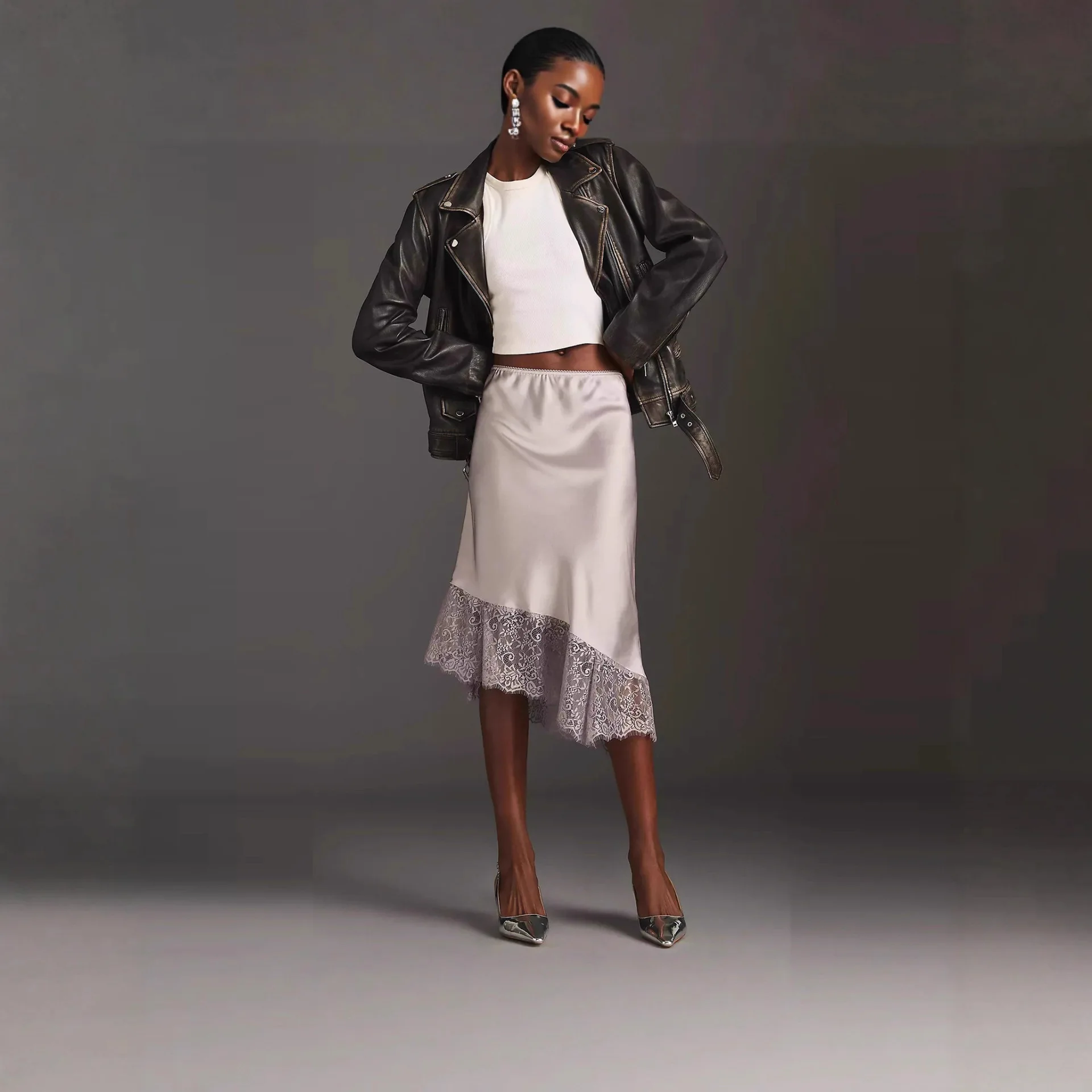 

Beauty Lace Splicing Skirt 2026 Summer Solid Color Satin Lace Skirt Women