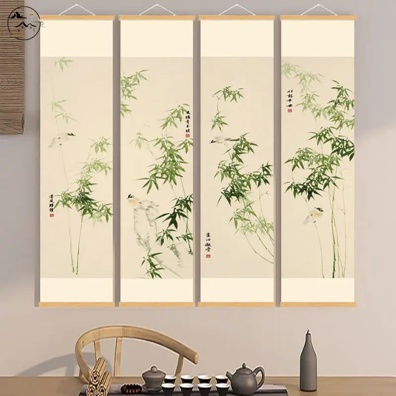 

Bamboo Poster Canvas Scroll Chinese Study Tea Room Wall Decoration Dining Room Four Screen Hanging Paintings Murals Home Decor