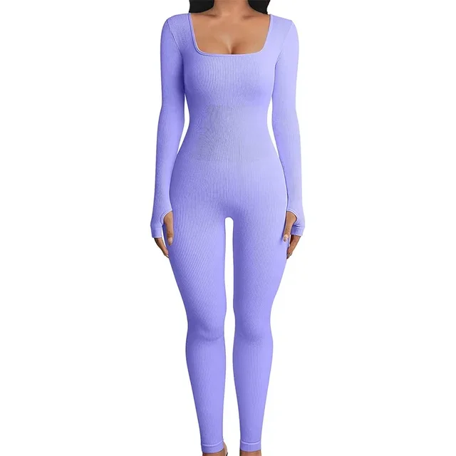 LANGMAO Kombinezon damski Skinny Solid Color Ribbed Knit Long Sleeve Square Neck Bodycon Jumpsuit Romper Work Out Sport Yoga