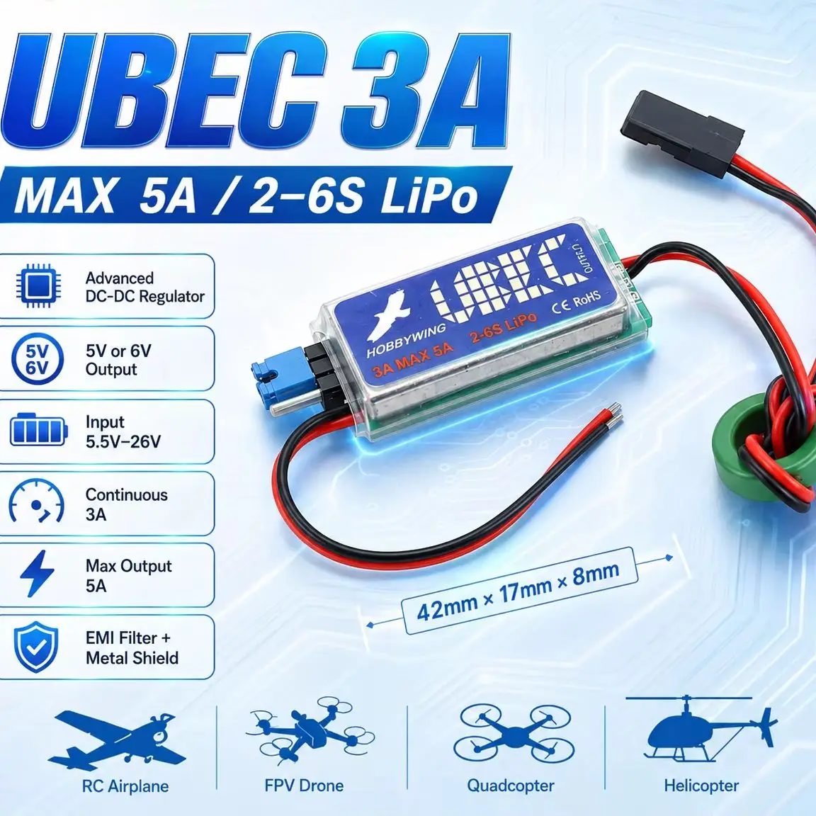 RC UBEC 3A Max 5A  BEC 2-6S Lipo Voltage Stabilizer for HOBBYWING RC Fix-Wing Airplane FPV Racing Drone Quadcopter Helicopter