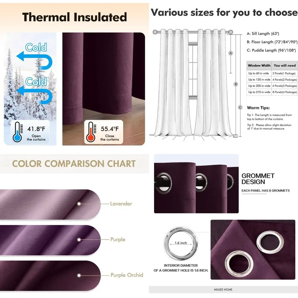 

Elegant Purple Orchid Velvet Curtains, 52x108, Thermal Insulated, Grommet Top, Set of 2 for Classic Living Spaces