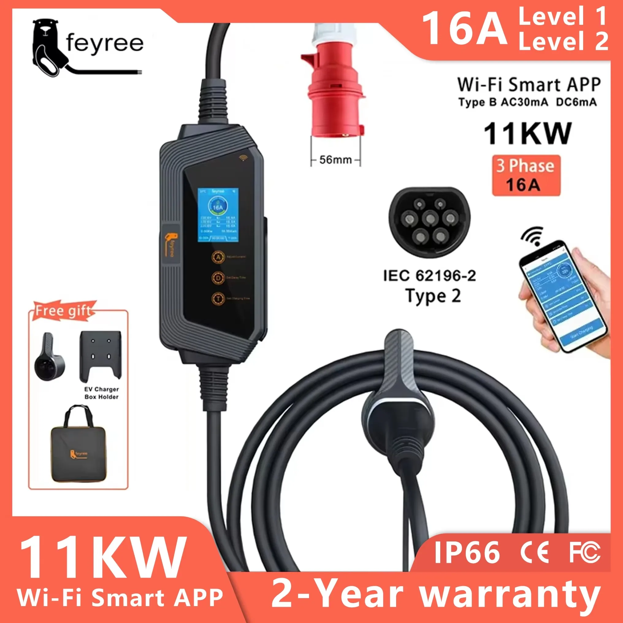 feyree Type2 Cable Portable EV Charger 11KW 16A 3P Car Charger Wi-Fi APP Control EVSE Charging Box CEE Plug for Electric Vehicle