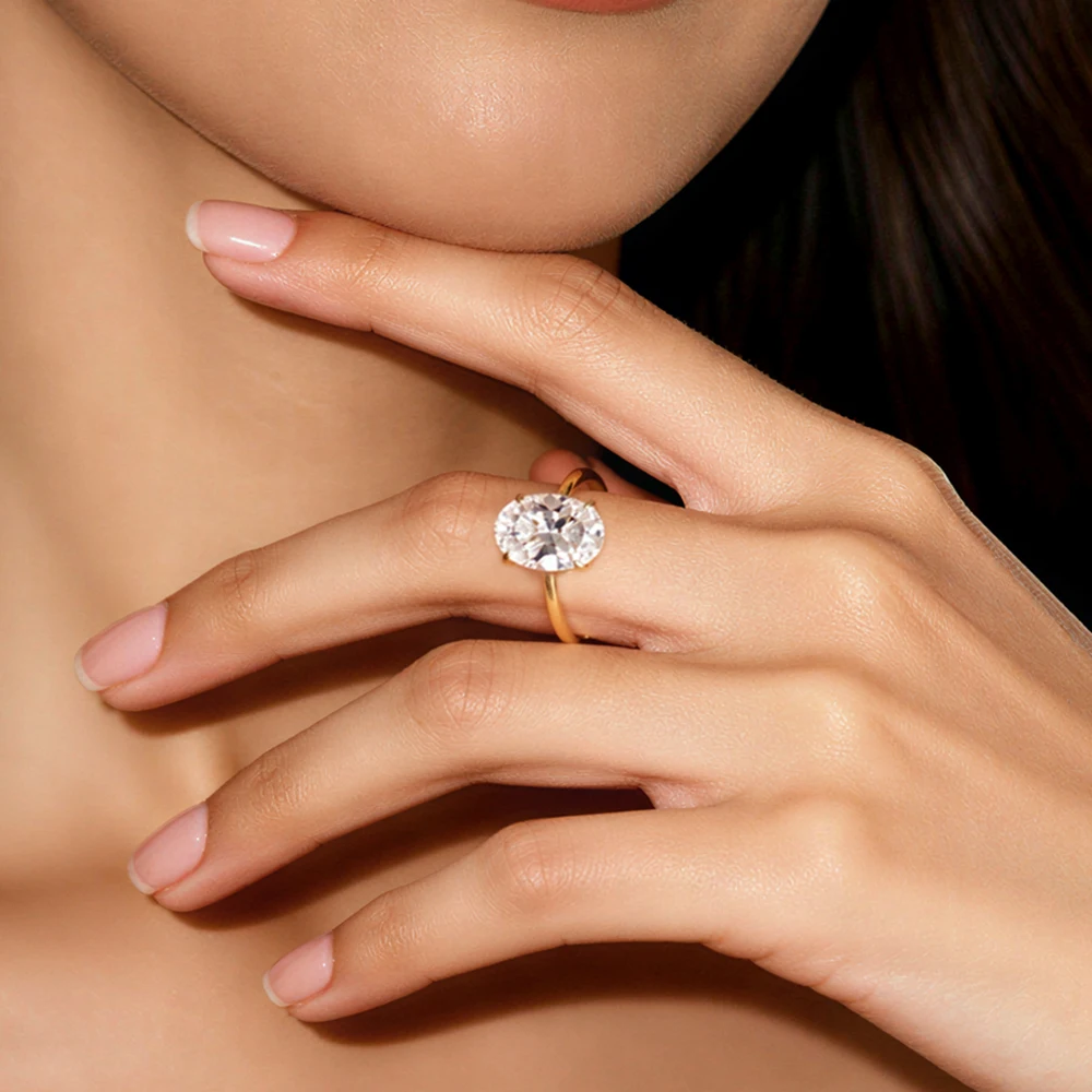 925 Sterling Silver Plated Gold Simulated Diamond Oval 8*12 Ice Flower Cut Zirconia Ring for Women Luxury Ins Wedding Band