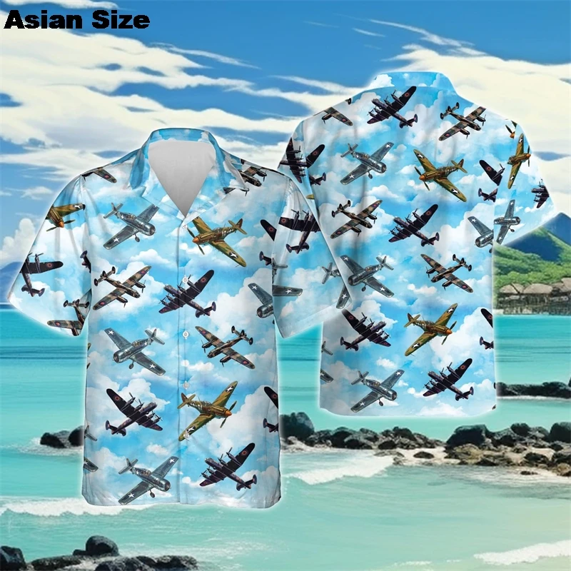 Hawaii Airplane Aviation 3D Printed Beach Shirts Casual Pilot Shirt For Men Clothes Fashion Aircarft Lapel Blouse Fighter Tee