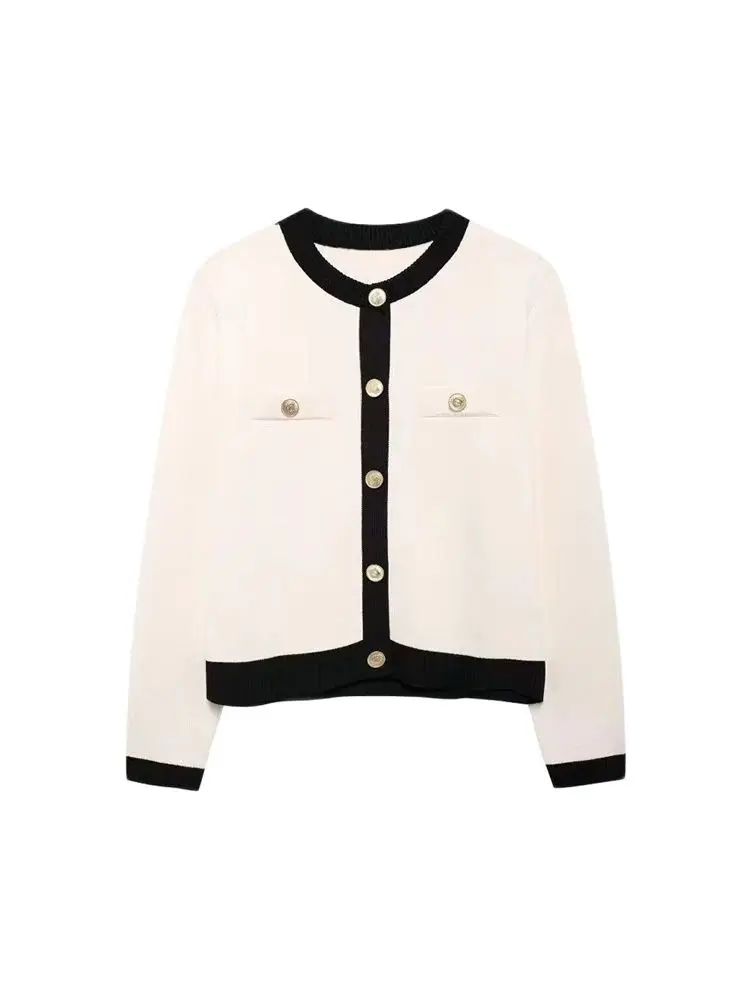 GELITAYIN TRZA-Women's Knitted Cardigan Sweater With Golden Buttons, O-Neck, Long Sleeve, Female Outerwear, Chic Tops, Fashion