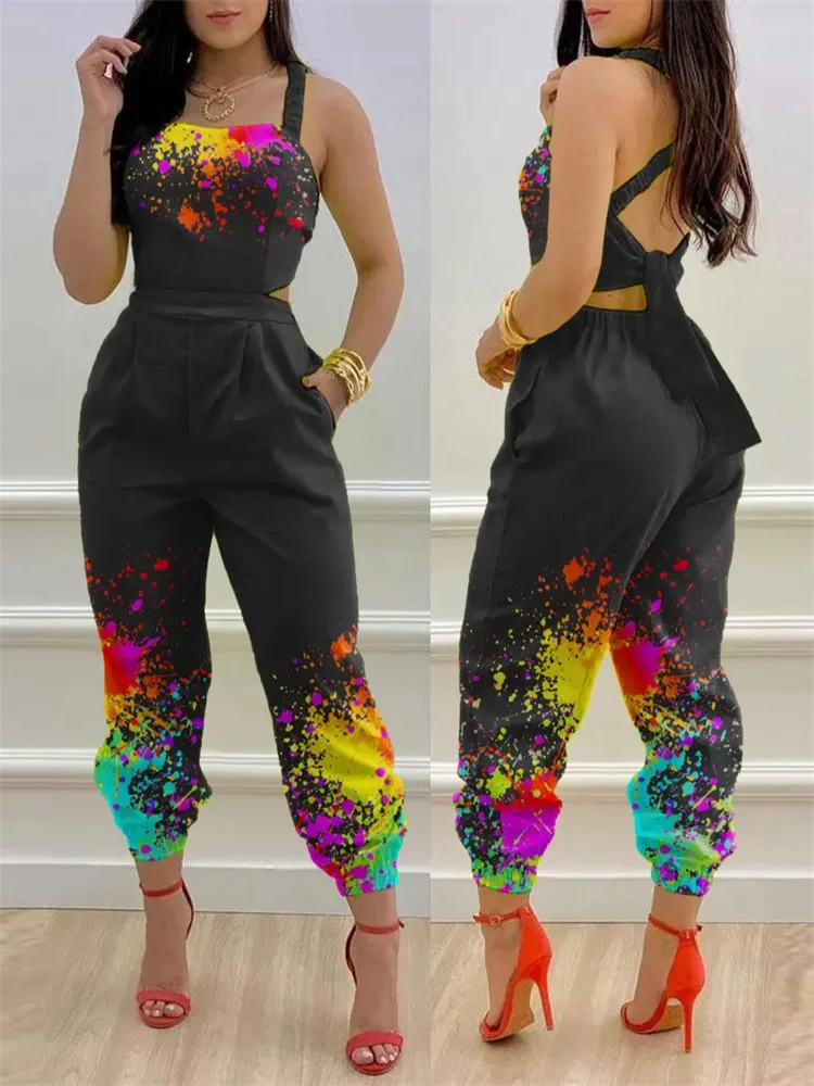 New Summer Fashion Printed Sleeveless Jumpsuit Sexy Hollow Backless Lace Up Long Jumpsuits Elegant Casual Jumpsuit With Pocket