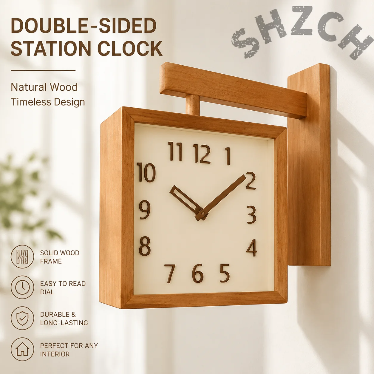 Silent Double-Sided Wooden Wall Clock – Modern Minimalist Corner Clock for Living Room & Home Decor