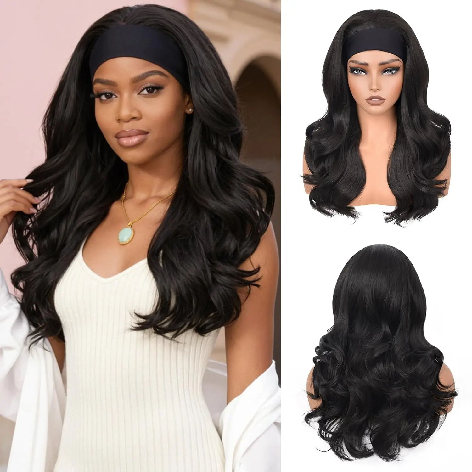 

Long Black Body Wave Headband Wig Loose Wavy Ready Wear Human Hair Headband Wigs for Women Wear & Go Glueless Human Hair Wigs