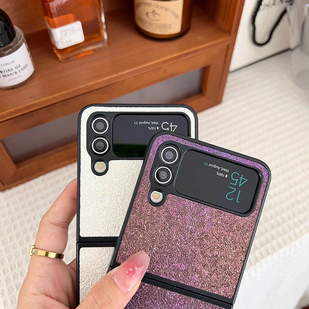 Gradient Glitter Sequins Trim Phone Case For Samsung Galaxy Z Flip 6 5 4 3 5G Soft TPU Frame Shockproof Cover