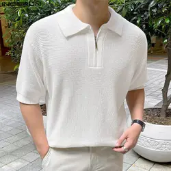 INCERUN Tops 2024 Korean Style Men's Knitted Zippered Lapel Design Shirts Leisure Simple Comfortable Short Sleeved Blouse S-5XL