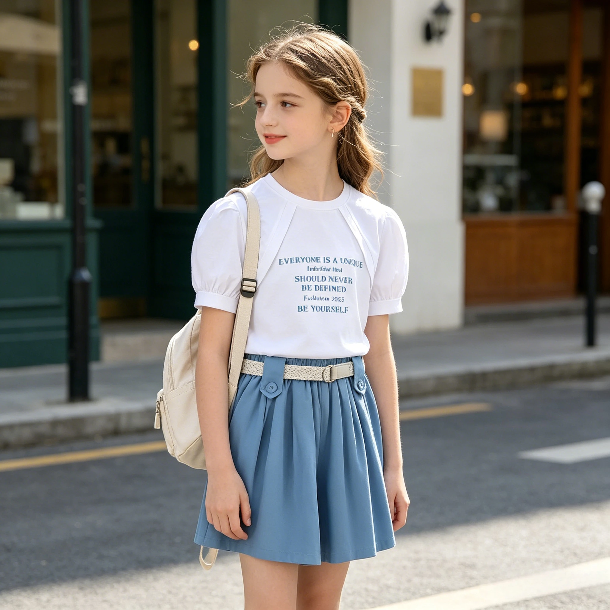 Teenage Kids White Puff Sleeve T-Shirt & Blue Shorts 2-Piece Set Girls Casual Outfit with Belt Summer Trips Hangouts Daily Wear