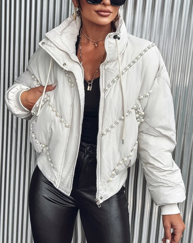 

Women's Coat Tops Winter Fashion Basic Solid Stand Collar Drawstring Beaded Zipper Pocket Design Long Sleeve Quilted Puffer Coat