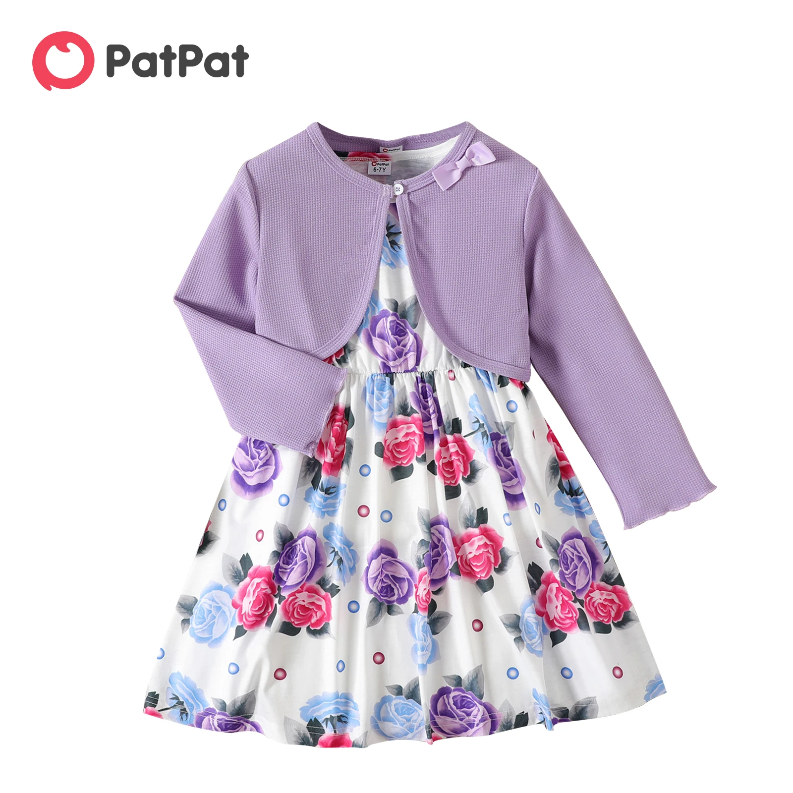 

PatPat 2pcs Kid Girl Floral Print Sleeveless Dress and Long-sleeve Purple Bowknot Design Cardigan Set