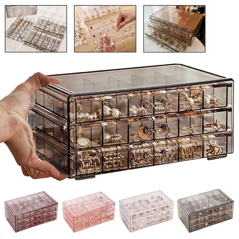 

3Layer Transparent Jewelry Storage Box Large Capacity 72/120Grids Dustproof Stackable Earrings Rings Container Jewelry Organizer