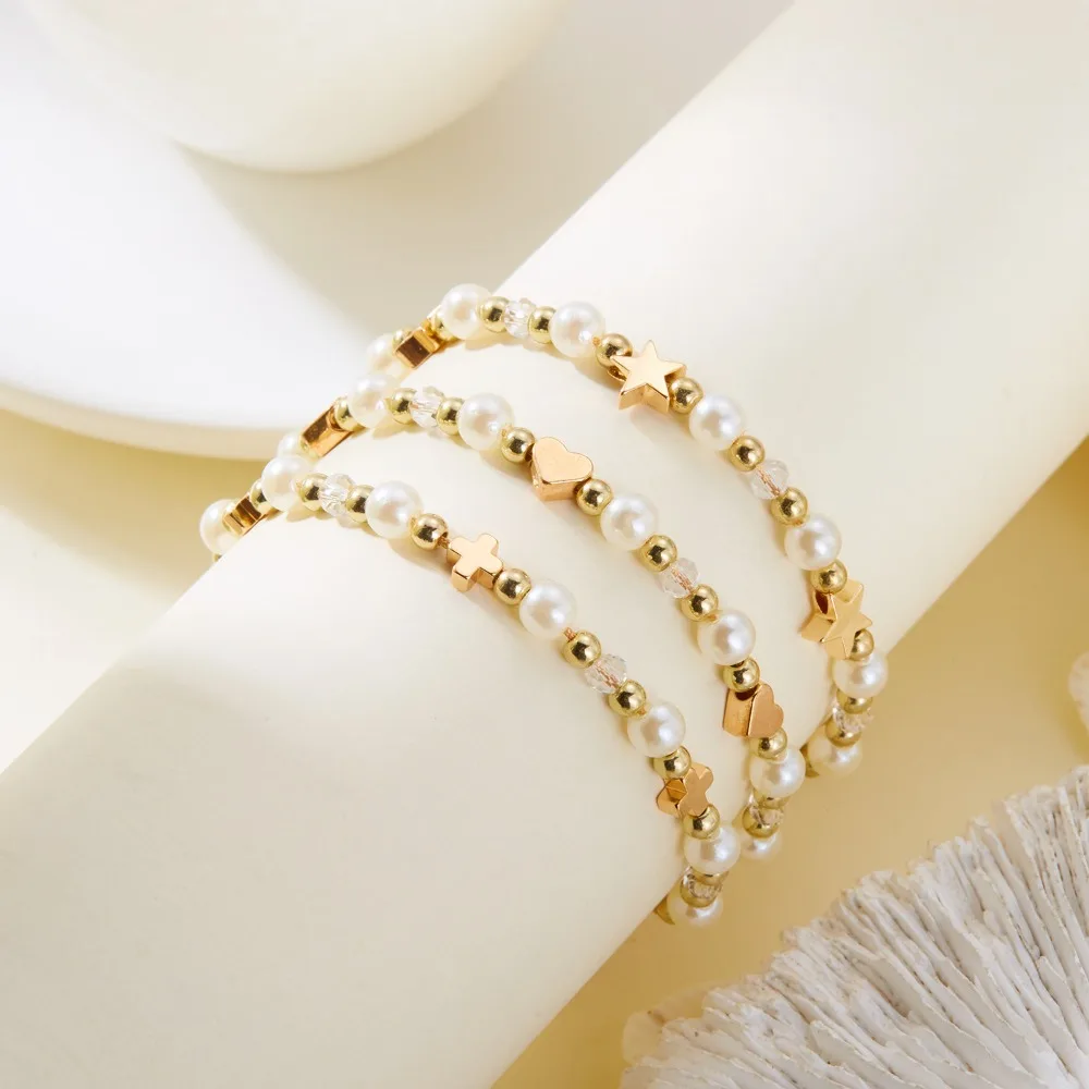 Exquisite Versatile Imitation Pearl Heart Cross Star Adjustable Hand-woven Drawstring Bracelets for Women Luxury Jewelry Gifts