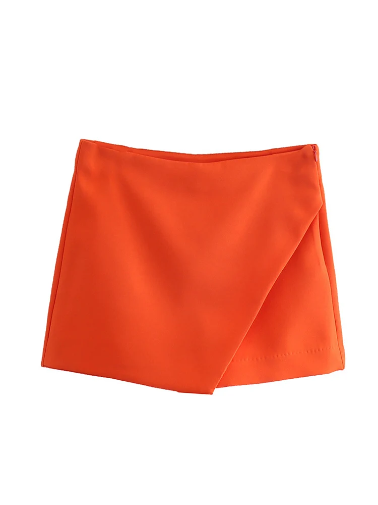 Women Fashion Asymmetrical Shorts Skirts High Waist Back Pockets Side Zipper Vintage Female  Solid