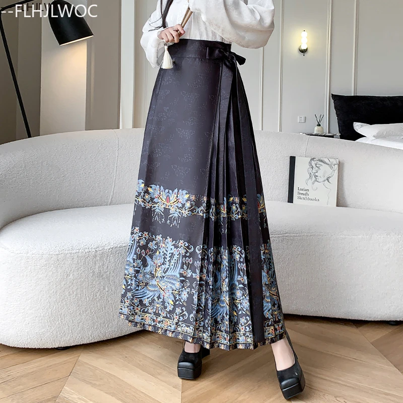 Stunning Traditional Chinese Style Lace-Up Bow Tie Skirts Floral Print Engagement Ceremony Retro Vintage Long Pleated Skirts