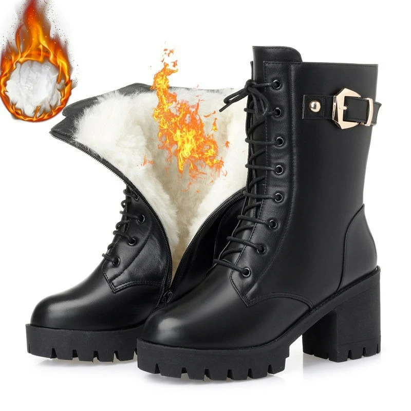2025 Winter Women's Boots Platform Ankle Boots Leather Lace Up Women Shoes Fashion Warm High Heels Boot High-quality Snow Boots
