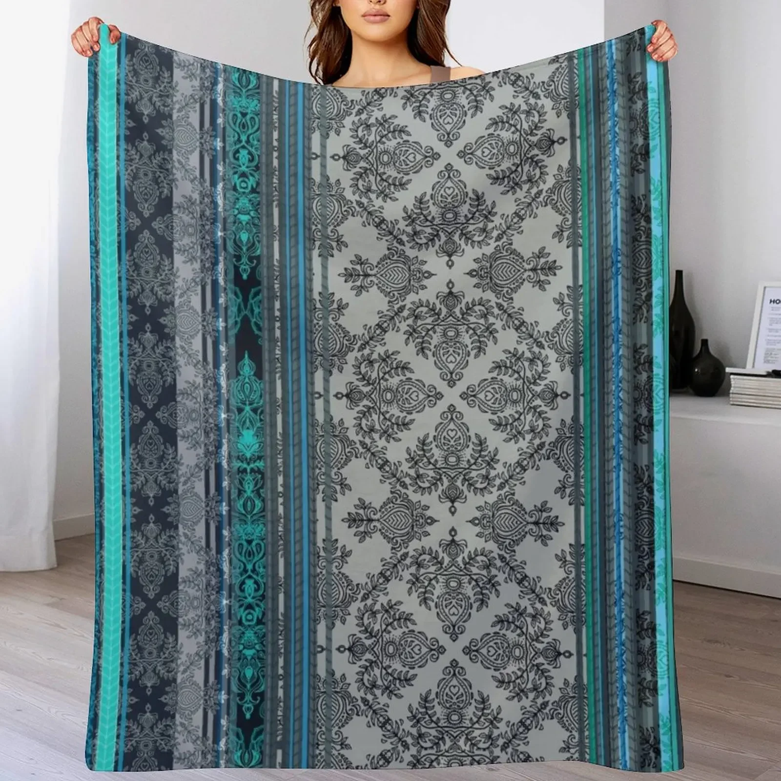 

Teal, Aqua & Grey Vintage Bohemian Wallpaper Throw Blanket halloween For Decorative Sofa Soft Plush Plaid Blankets