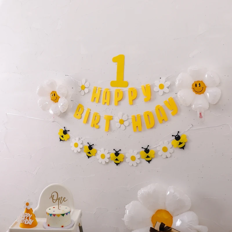 

Daisy Happy Birthday Banner Non Woven White Flower Garland Birthday Party Decoration Kids Baby Shower Hanging Flag Decor Supplie