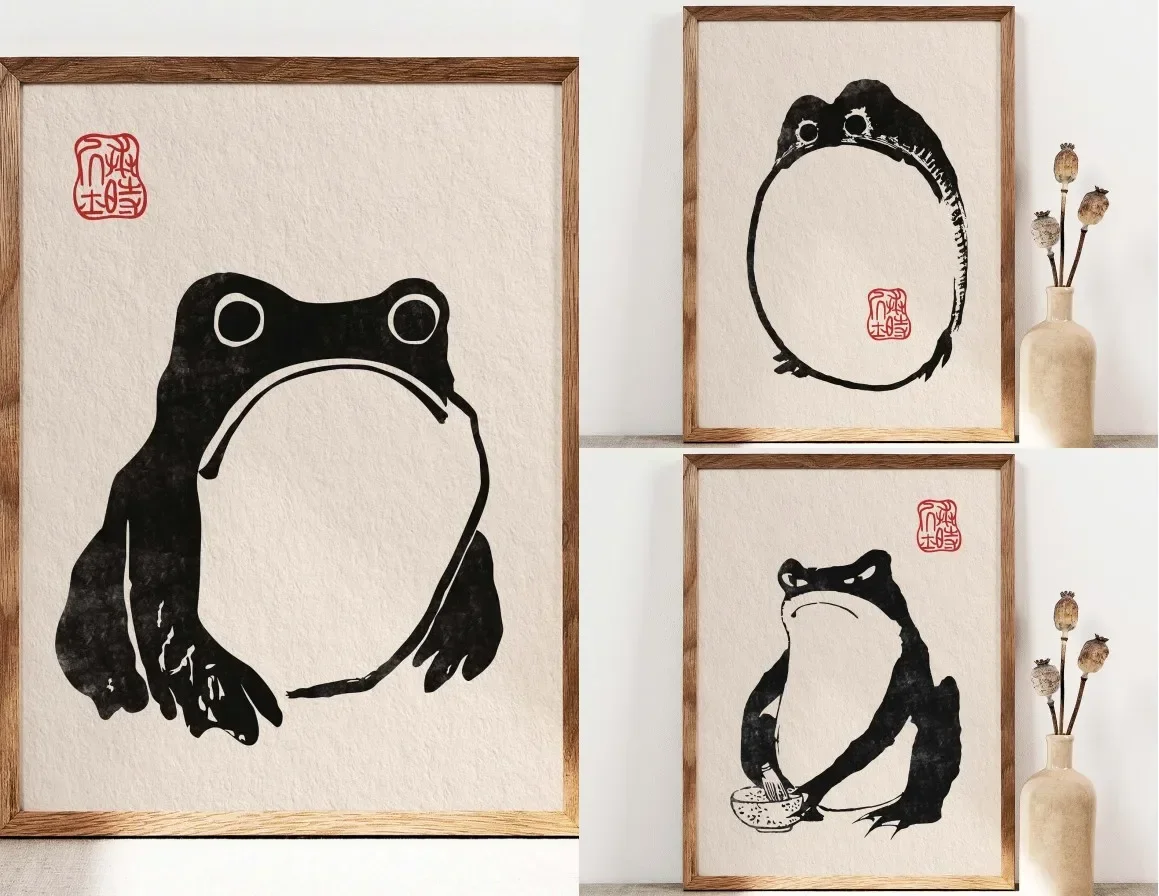 Classic Vintage Animal Wall Art Japanese Black and White Funny Frog HD Canvas Print Poster Home Living Room Bedroom Decoration