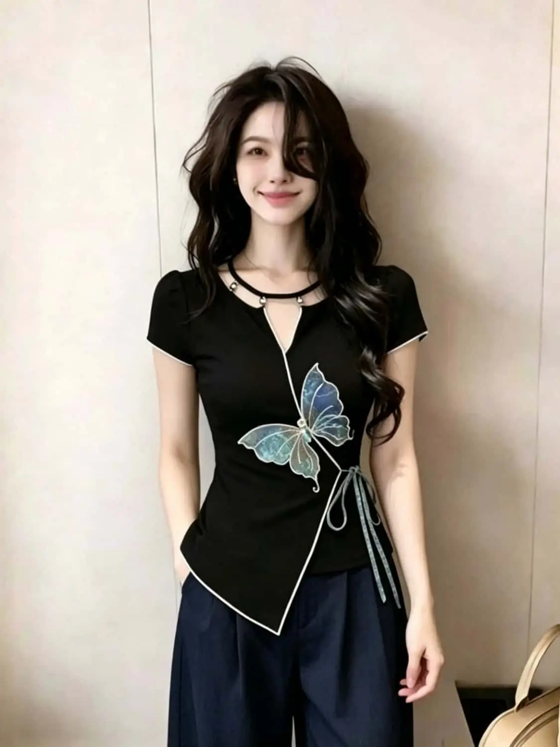 Fashionable  Knot Short Sleeve Top Belly Cover Slimming Summer 2026 Cleanfit Style Polyester Material Breathable Ski...