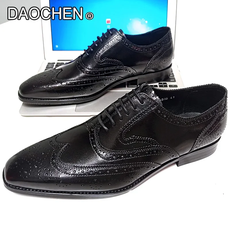 CLASSIC MEN'S OXFORD LACE UP BLACK GENUINE LEATHER MEN DRESS SHOES BROGUE WEDDING OFFICE BUSINESS FORMAL SHOES FOR MEN