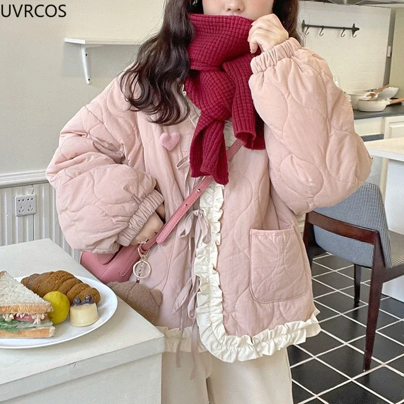 Korean Style Cute Loose Warm Winter Jacket Women Chic Ruffle Neck Sweet Parkas Overcoat Japanese Harajuku Kawai Padded Coat 2023