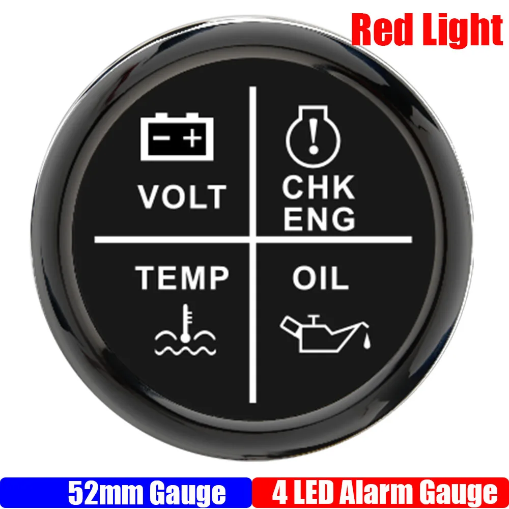 

Универсальный индикатор ZMFJH 4-в-1: 4 LED-индикатора (вольтметр, температура воды, давление масла, сигнализация) 52 мм, с красной подсветкой, водонепроницаемый, 12В/24В