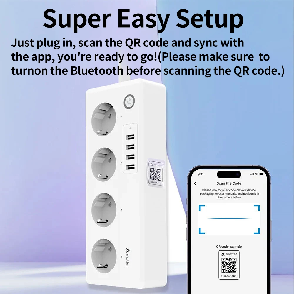 BORUIDAPLS Matter Smart Power Strip EU Plug Socket With SmartThings Apple HomeKit Siri Google Home Voice Remote Control 220V 16A