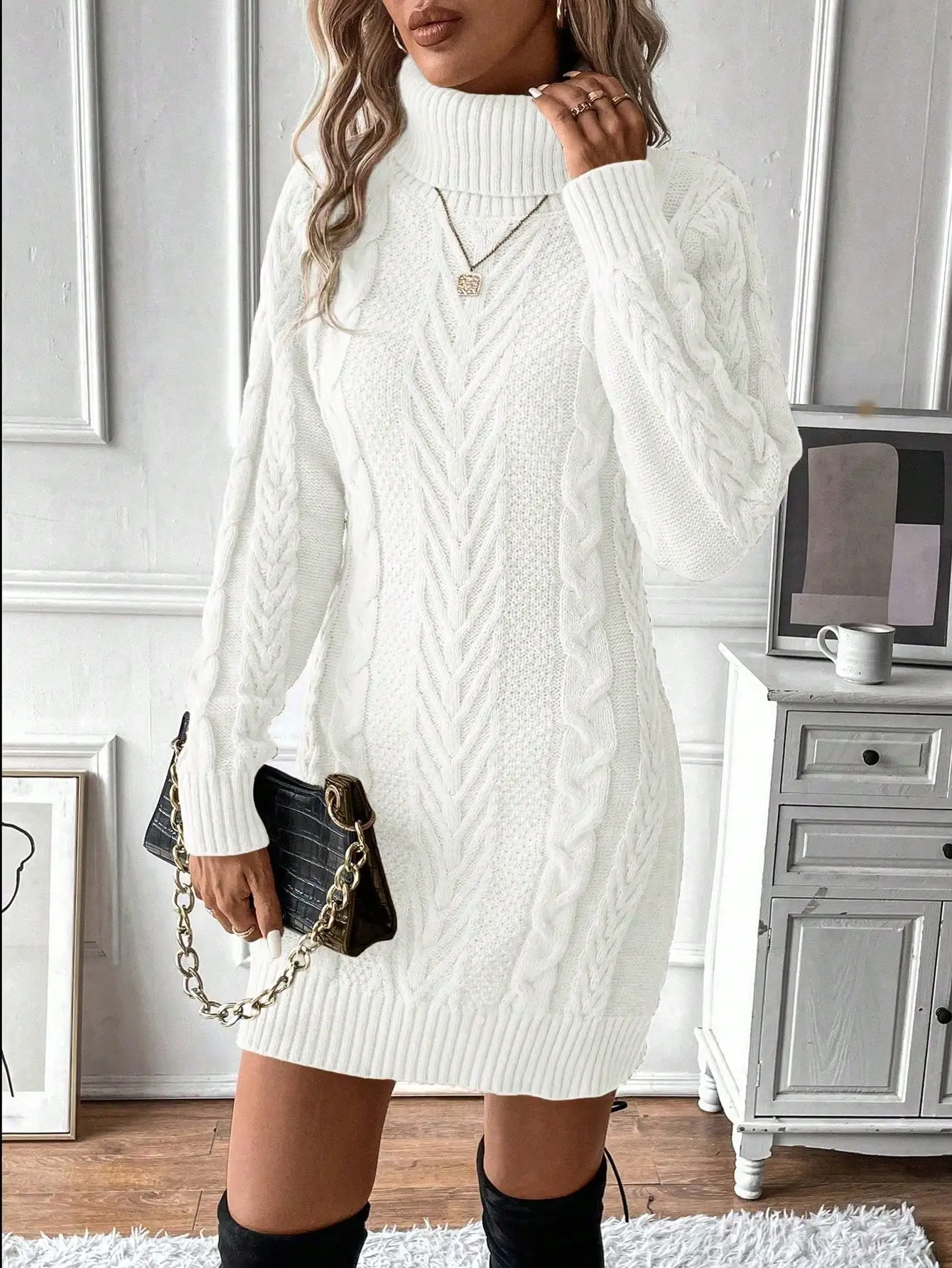 

Женское белое платье-свитер крупной вязки с высоким воротом, уютное зимнее повседневное трикотажное изделие с длинными рукавами