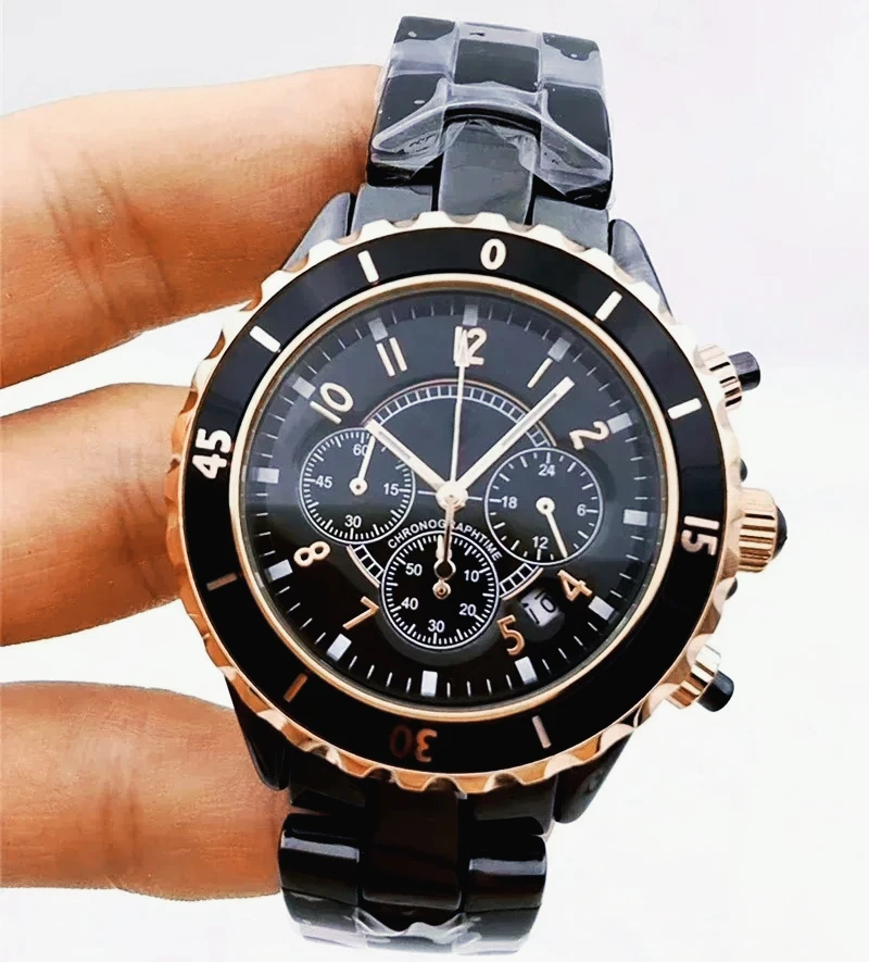 Real Black White Ceramic case, for Mens Womens Quartz Chronograph Watch,Rose Gold Calendar 35mm 41mm