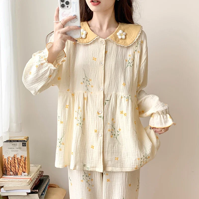 100% Cotton Double Gauze Maternity Nursing Sleepwear Set Spring Summer Breastfeeding Pajamas Lounge Wear Pregnancy Home Hospital