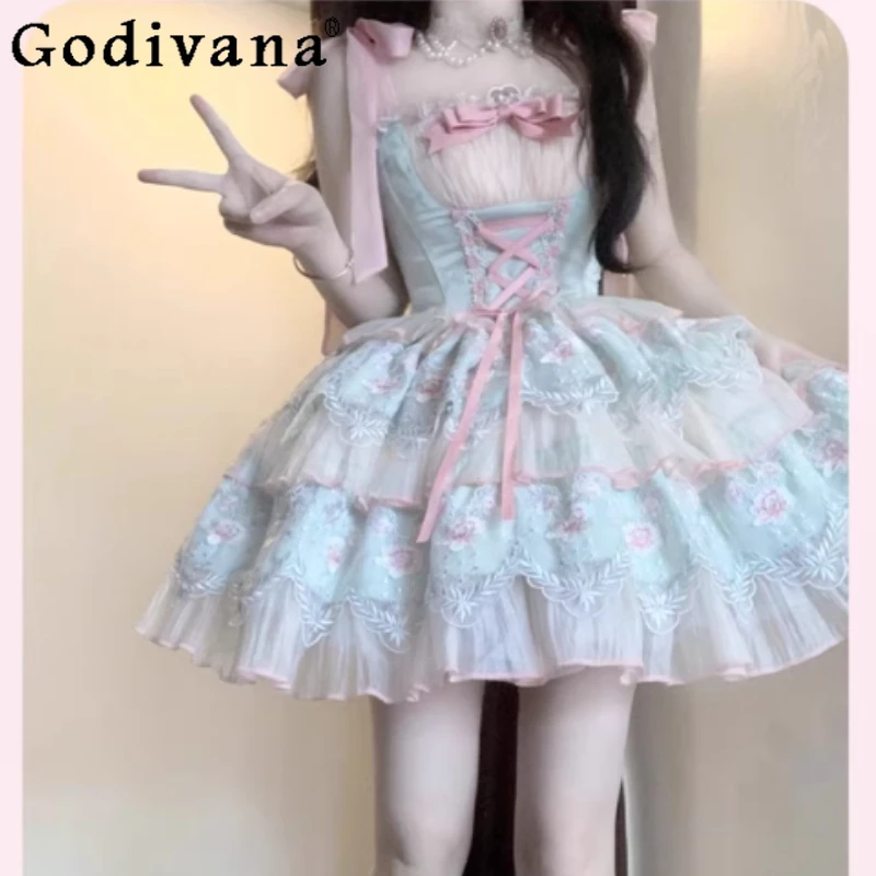 

Spring Summer New Lolita Sweet Cute Princess Cake Dress Fashion High Waist A-line Elegant Slash Neck Green Suspender Dresses