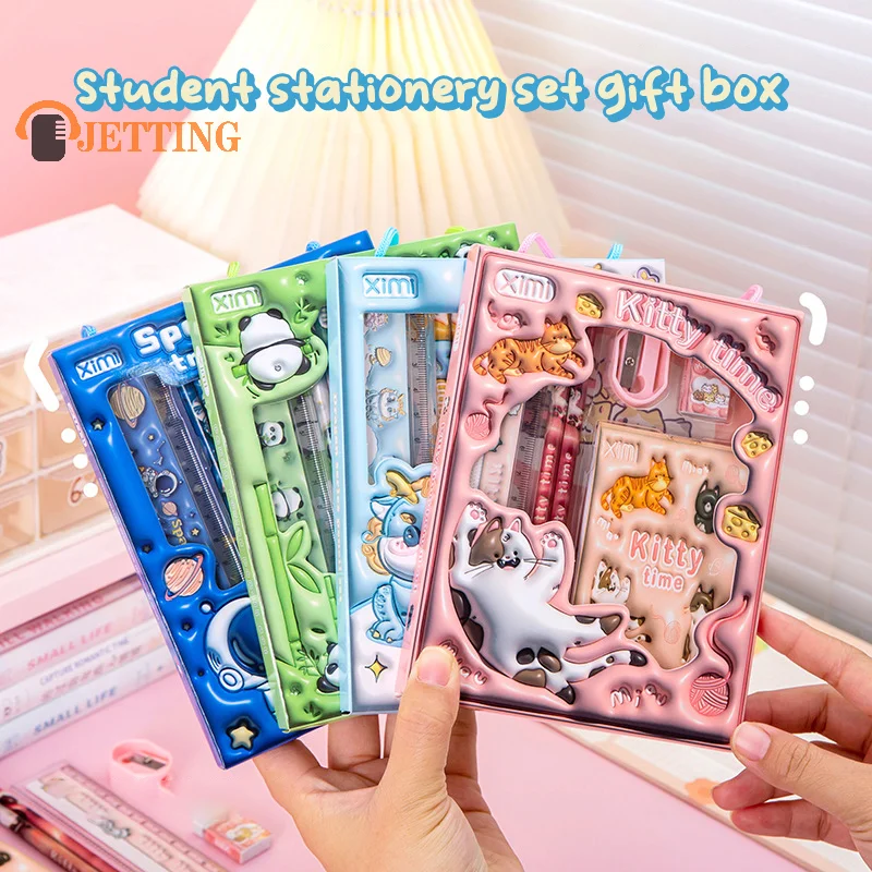 Cartoon Handheld Stationary Set Panda Pencil Dragon Eraser Astronaut Ruler Pencil Sharpener Cat Notebook W/Packaging Package