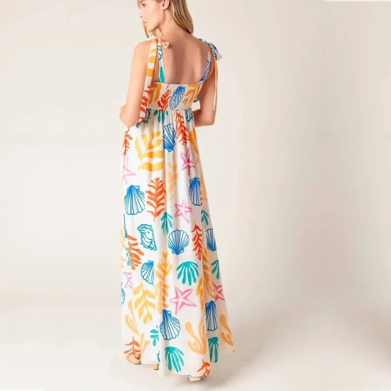 Y2K Abito lungo senza maniche Stampa con cinturino per spaghetti Abito a linea Abito ampio da spiaggia per le vacanze Abito lungo floreale Boho da donna