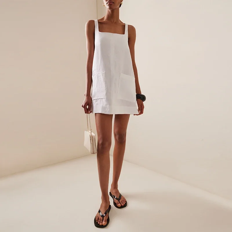 여름 여성 리넨 드레스 새로운 솔리드 컬러 스퀘어 넥 민소매 루즈 코튼 포켓 패션 드레스 Vestidos,427938WLU