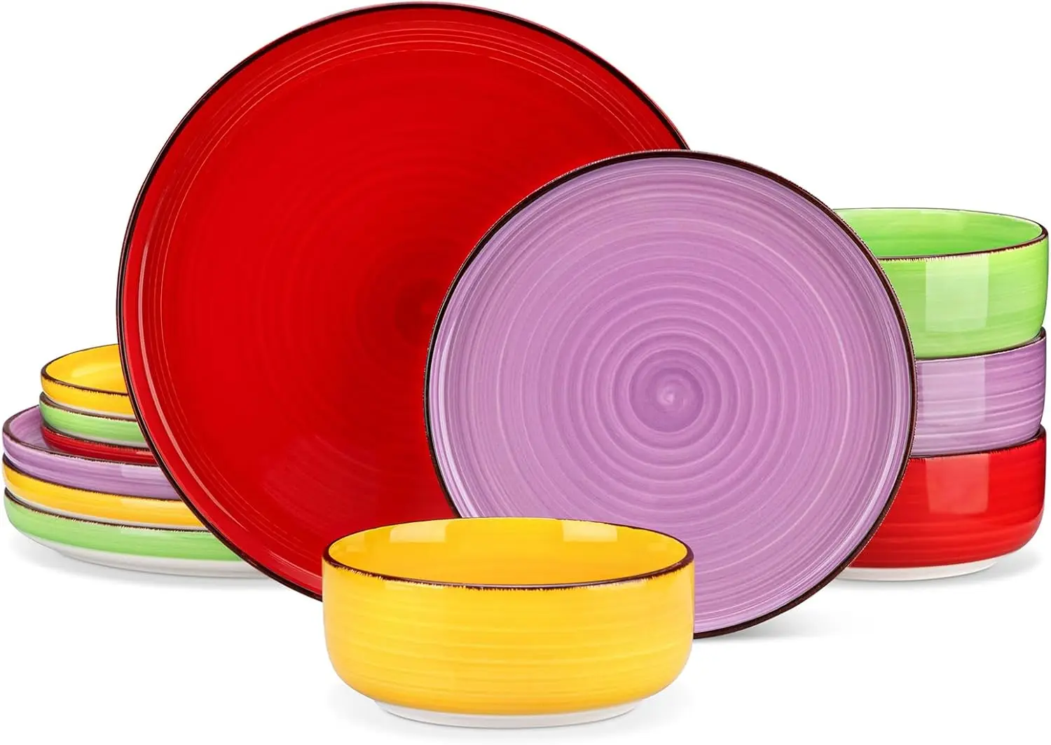

12-Piece Hand-Painted Stoneware Dinner Set for 4, Round Plates & Bowls, Dishwasher & Microwave Safe, Multicolor