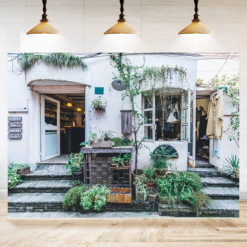 Fondo de ciudad italiana, ventana de cafetería, plantas en maceta, flores, fotografía, espectáculo, decoración de cumpleaños, pancarta