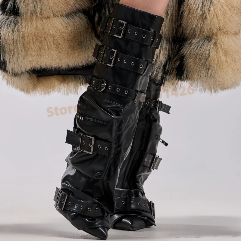 

Multi Buckle Strap Knee High Boots Women Black Leather Pointy Toe High Heels Long Boots Fashion Luxury Ladies Party Shoes